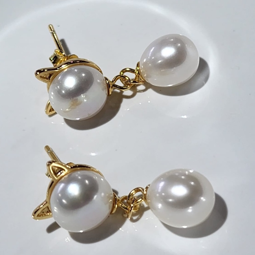 18K Gold Plated Over 925S Silver 8mm Freshwater Pearl Earrings Big Kitten Shaped - Picture 11 of 13